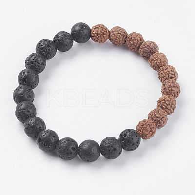 Natural Lava Rock and Rudraksha Beads Stretch Bracelets BJEW-E326-01-1
