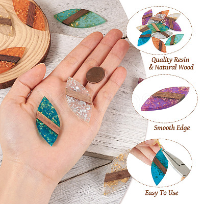 12Pcs 6 Colors Transparent Resin & Walnut Wood Big Pendants WOOD-TA0002-46-1