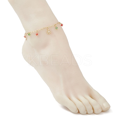 Christmas Brass Pave Clear Cubic Zirconia Snowflake & 304 Stainless Steel Star and Round Glass Tassel Brass Paperclip Chain Anklets AJEW-AN00753-1