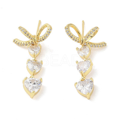 Triple Heart Brass Micro Pave Clear Cubic Zirconia Dangle Earrings with Glass for Women EJEW-L285-008G-1