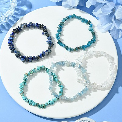 5Pcs 5 Styles Natural Quartz Crystal & Lapis Lazuli & Apatite & Aquamarine & Howlite Chip Beaded Stretch Bracelet Sets BJEW-JB10839-1