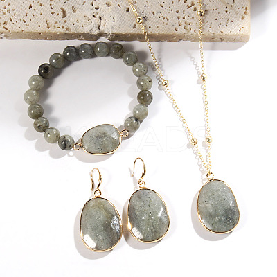 Oval Alloy with Natural Labradorite Pendant Necklaces & Beaded Bracelets & Dangle Earrings Sets WGD3DFC-03-1