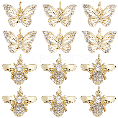 12Pcs 2 Style Brass Micro Pave Clear Cubic Zirconia Charms KK-DC0001-90-1
