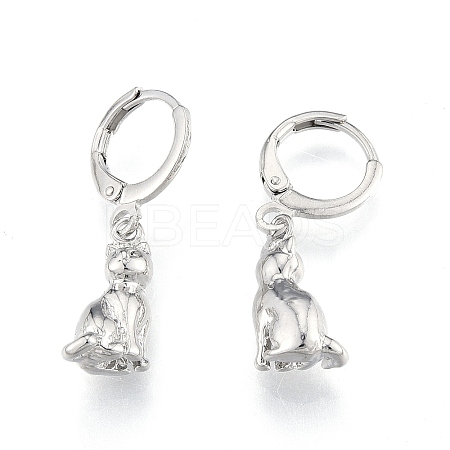 Brass Cat Dangle Leverback Earrings for Women EJEW-N012-105P-1