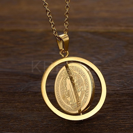 304 Stainless Steel Rotatable Saint Benedict Medal Pendant Necklaces for Women NJEW-G187-01G-1