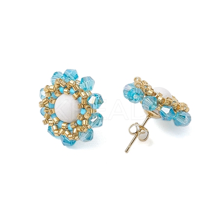 Flower Glass Seed Beaded with Natural Mashan Jade Stud Earrings for Women EJEW-MZ00208-01-1