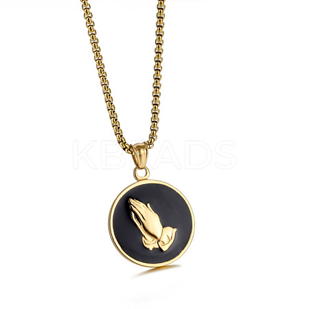 304 Stainless Steel Black Flat Round with Praying Hand Pendant Necklaces for Men FS-WGF55F0-01-1