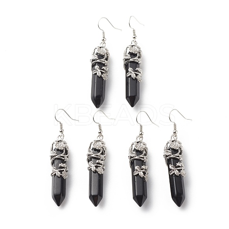Natural Obsidian Bullet with Flower Dangle Earrings EJEW-G300-02P-06-1