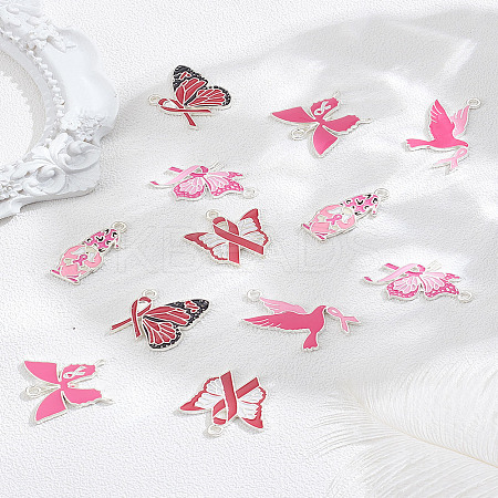 12Pcs 6 Styles Breast Cancer Pink Awareness Ribbon Theme Alloy Enamel Pendants ENAM-LP0002-40-1