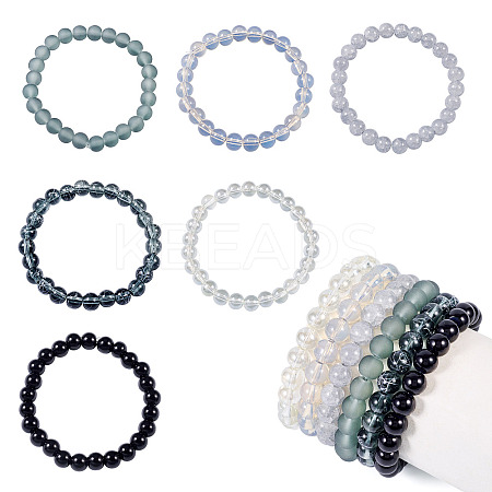 6Pcs 6 Styles 8mm Glass Round Beaded Stretch Bracelet Sets BJEW-TAC0024-1