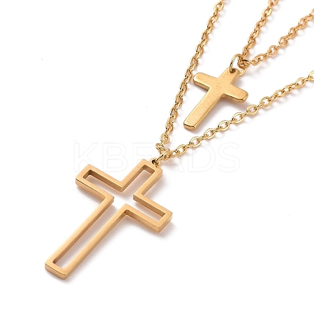 304 Stainless Steel Hollow Out Cross Pendant Double Layer Necklace with Cable Chains for Men Women NJEW-E088-01G-1