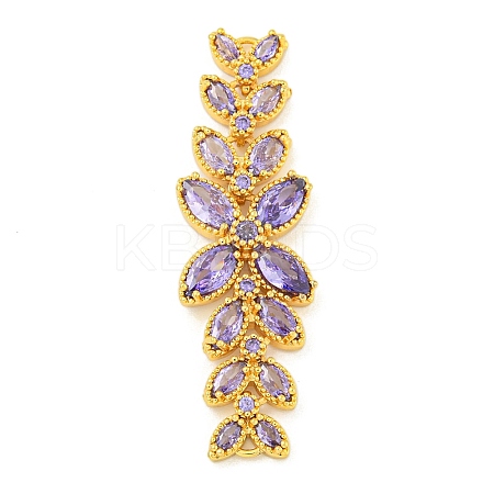Brass Pave Lilac Cubic Zirconia Flower with Leaf Links Connector Charms KK-P277-52G-03-1