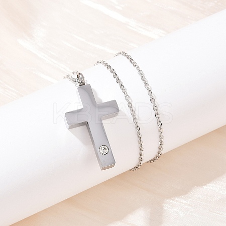 304 Stainless Steel Pave Clear Cubic Zirconia Cross Pendant Pet Urn Ashes Necklaces LS-NJEW-S455-07P-1