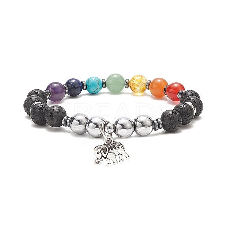 Chakra Theme Gemstone & Natural Lava Rock & Synthetic Hematite Beaded Stretch Bracelets for Women BJEW-JB09278-01-1