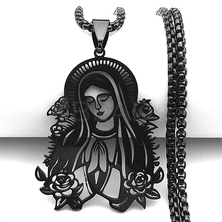 304 Stainless Steel Laser Cut Virgin Mary Pendant Box Chain Necklaces FS-WG69F53-03-1