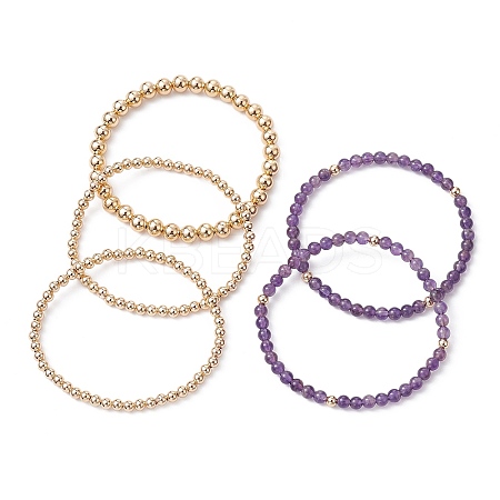 5Pcs 5 Style Natural Amethyst & Brass Beaded Stretch Bracelets Set for Women BJEW-JB09663-01-1