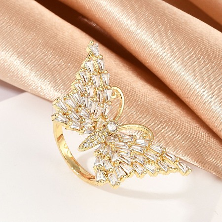 Butterfly Brass Micro Pave Colorful Cubic Zirconia Finger Rings for Women RJEW-G343-30G-02-1