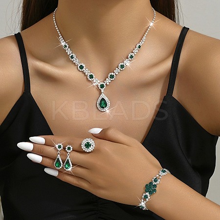 Teardrop Alloy Rhinestone Bracelets & Stud Earrings & Necklaces & Rings Set for Women SJEW-M102-02S-01-1