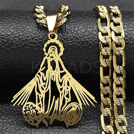 201 Stainless Steel Hollow Virgin Mary Pendant Figaro Chain Necklaces STAS-D196-08G-1