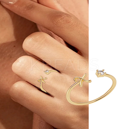 1Pc Letter Brass Rhinestone Open Cuff Rings for Women AJEW-LP0004-47X-G-1