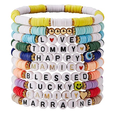 10Pcs 10 Style Encourage Word Polymer Clay Heishi Surfer Stretch Bracelets Set with Heart BJEW-SW00041-1