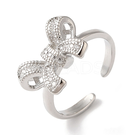 Bowknot Brass Micro Pave Clear Cubic Zirconia Open Cuff Rings for Women RJEW-C098-08P-1
