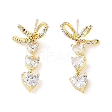 Triple Heart Brass Micro Pave Clear Cubic Zirconia Dangle Earrings with Glass for Women EJEW-L285-008G-1