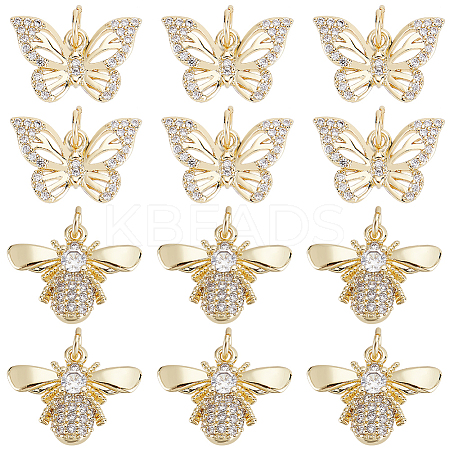 12Pcs 2 Style Brass Micro Pave Clear Cubic Zirconia Charms KK-DC0001-90-1