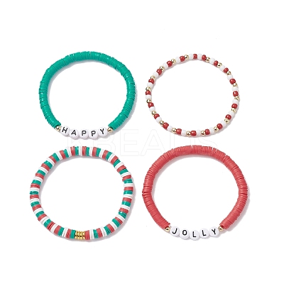 4Pcs 4 Style Polymer Clay Heishi Surfer Stretch Bracelets Set BJEW-TA00268-1