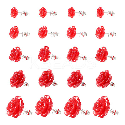 50Pcs 5 Size Resin Rose Flower Stud Earrings with 316 Stainless Steel Pins EJEW-TA0001-29-1