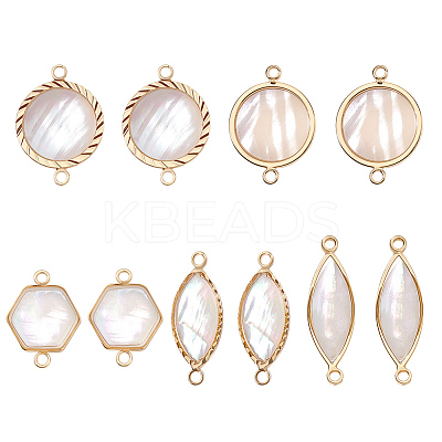 10Pcs 5 Styles Brass Pave Natural White Shell Connector Charms KK-PH0012-91A-1
