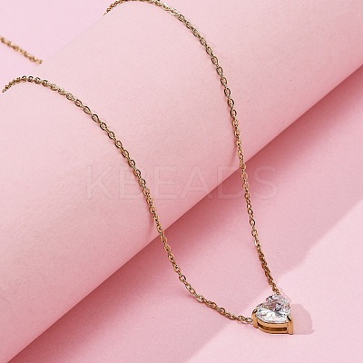 304 Stainless Steel Crystal Cubic Zirconia Heart Pendant Necklaces for Women NJEW-Z064-03G-1