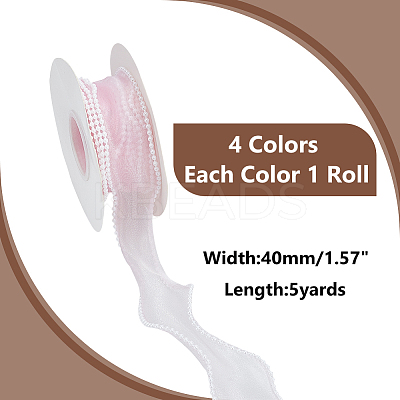 4 Rolls 4 Colors 5 Yards Organza Ribbon with Plastic Pearl Beads OCOR-WR0001-46-1