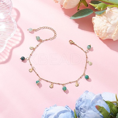 3Pcs 3 Colors Dyed Natural Banded Agate Round & 304 Stainless Steel Shell Shape Tassel Anklets for Women AJEW-AN00702-1