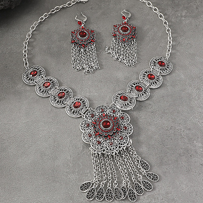 Flower Bohemia Zinc Alloy Glass Pendant Necklaces & Hoop Earrings Sets FS-WGA974D-04-1