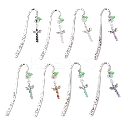 8Pcs Dragonfly Natural Gemstone & Alloy & Acrylic Flower Bookmarks AJEW-JK00400-1