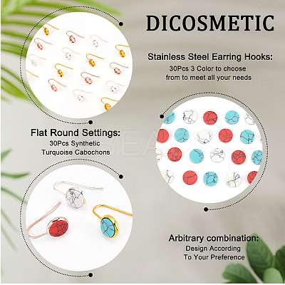 30Pcs 3 Color 304 Stainless Steel Earring Hooks with Flat Round Settings FIND-DC0001-12-1