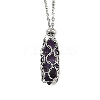 3Pcs 3 Styles Natural Rose Quartz & Green Aventurine & Amethyst Macrame Pouch Faceted Bullet Pendant Necklaces NJEW-JN05090-1