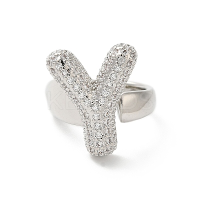 Letter Brass Micro Pave Clear Cubic Zirconia Open Cuff Ring for Women RJEW-N046-03Y-P-1