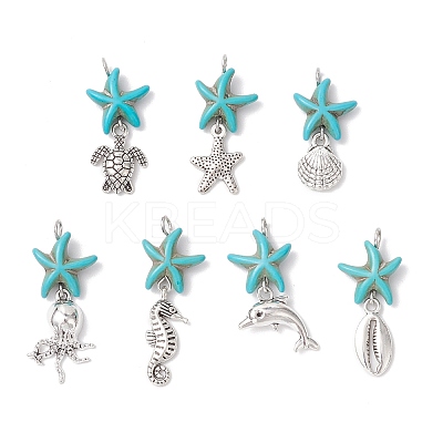7Pcs 7 Styles Dyed Synthetic Turquoise Starfish & Alloy Sea Animals Pendants PALLOY-JF03752-01-1