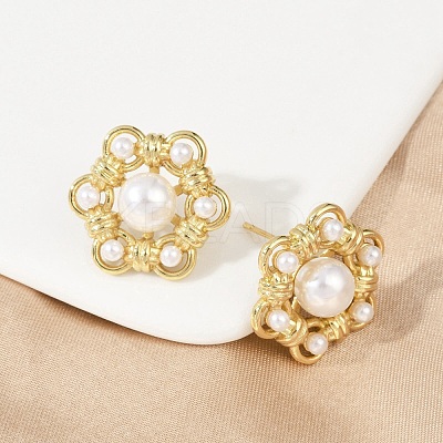 Flower Brass ABS Imitation Pearl Stud Earrings EJEW-M082-09G-1