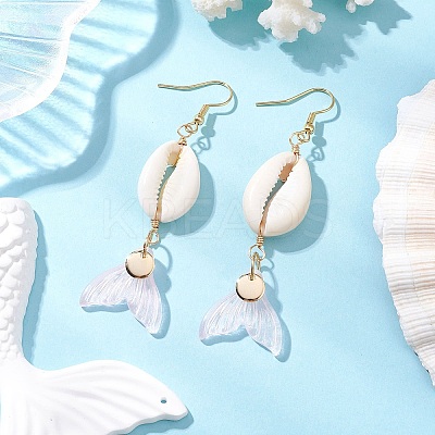 Natural Cowrie Shell Glass Dangle Earrings EJEW-JE06385-01-1