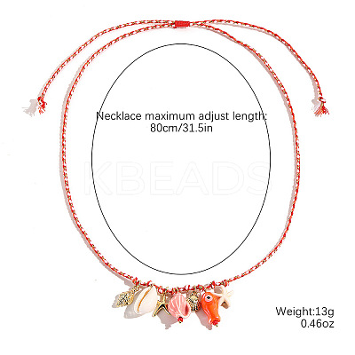Summer Beach Porcelain Fish & Natural Cowrie Shell Pendant Cotton Cord Adjustable Necklaces FS-WG63638-01-1