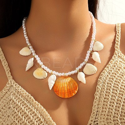 Summer Beach Natural Shell Pendant Glass Seed Beaded Necklaces for Women FS-WGEF253-07-1