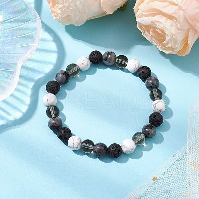 8.5mm Round Natural Larvikite & Howlite & Synthetic Smoky Quartz & Natural Lava Rock  Bead Stretch Bracelets for Women BJEW-JB10944-03-1