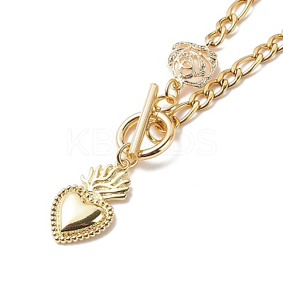 Heart & Rose Brass Pendant Necklace 304 Stainless Steel Chains for Women NJEW-JN04088-1
