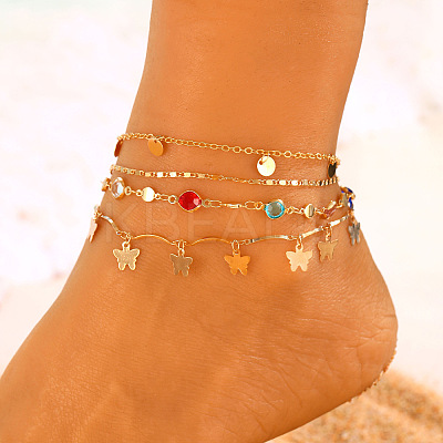 Alloy Colorful Rhinestone Chain Disc Butterfly Tassel 4 Layered Anklets for Women AJEW-A069-01B-G-1