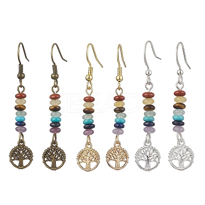 3 Pairs 3 Color Natural & Synthetic Mixed Gemstone Disc Beaded Dangle Earrings EJEW-JE05643-1