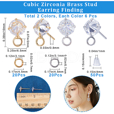 12Pcs 2 Color Brass Pave Clear Cubic Zirconia Cone Stud Earring Findings DIY-CN0002-78-1
