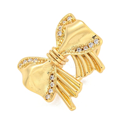Brass Micro Pave Clear Cubic Zirconia Bowknot Open Cuff Ring for Women LS-RJEW-M173-04A-G-1